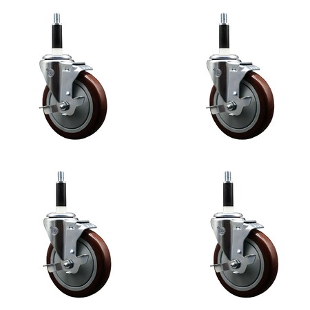 Service Caster 5'' Maroon Poly Swivel 7/8'' Expanding Stem Caster Set with Brake, 4PK SCC-EX20S514-PPUB-MRN-TLB-78-4